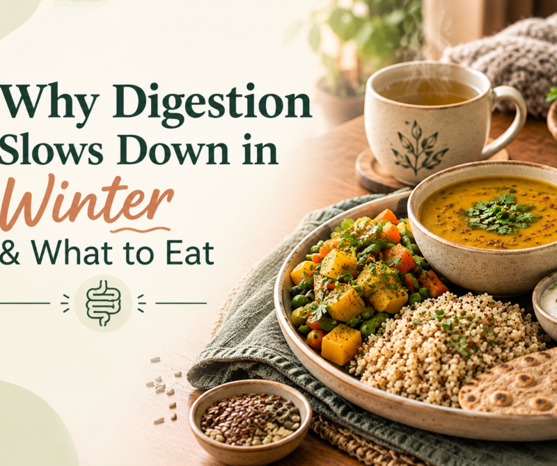 Warm winter meal with cooked vegetables, dal and healthy foods that support digestion