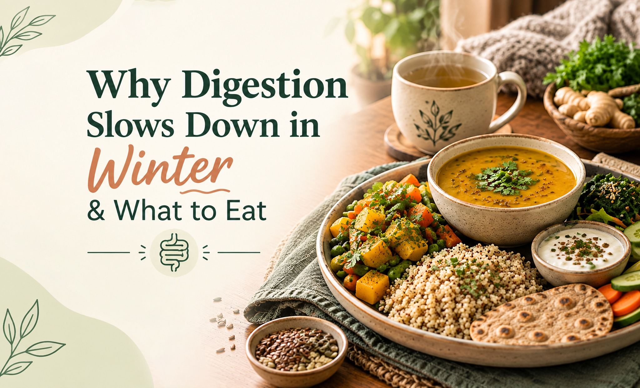 Warm winter meal with cooked vegetables, dal and healthy foods that support digestion